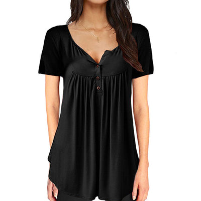 Blusa Suelta con Pliegues y Botones - Camiseta Manga Corta Mujer