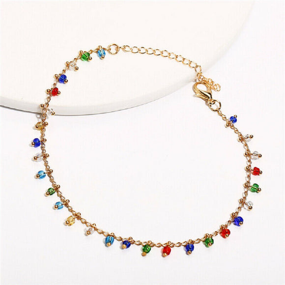 Pulsera Tobillera Dorada de Cuentas de Colores - Joya Versátil 2 en 1