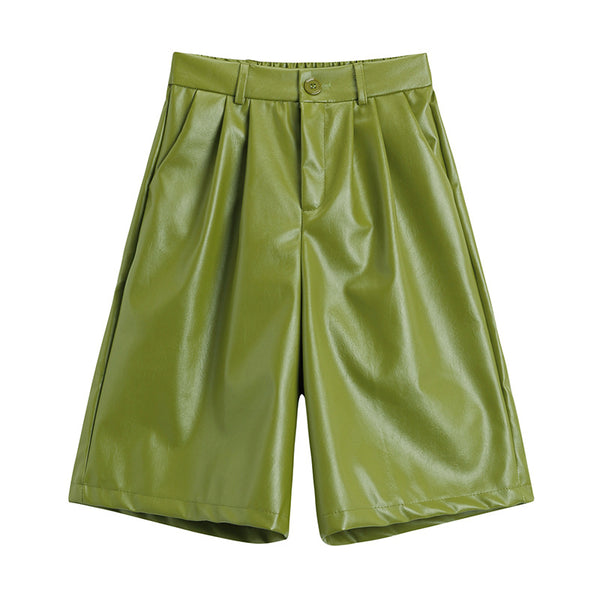 Shorts de Cuero Cintura Alta Efecto Adelgazante Pierna Ancha