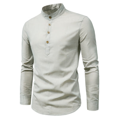 Camisa Manga Larga Cuello Mao Algodón y Lino Color Sólido - Image 10