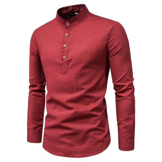 Camisa Manga Larga Cuello Mao Algodón y Lino Color Sólido - Image 11