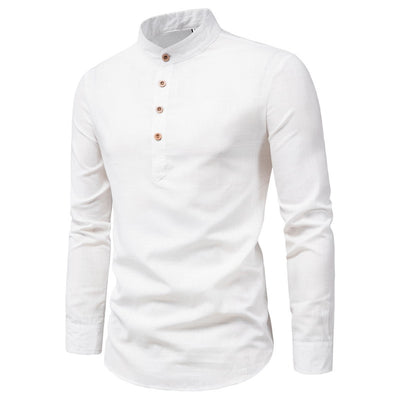 Camisa Manga Larga Cuello Mao Algodón y Lino Color Sólido - Image 13