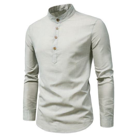 Camisa Manga Larga Cuello Mao Algodón y Lino Color Sólido - Image 7