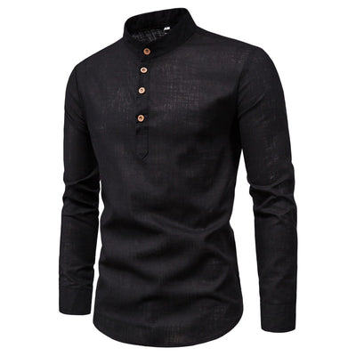 Camisa Manga Larga Cuello Mao Algodón y Lino Color Sólido - Image 4