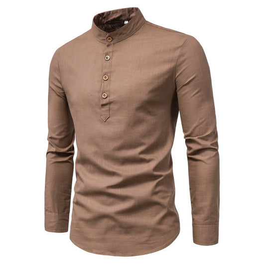 Camisa Manga Larga Cuello Mao Algodón y Lino Color Sólido - Image 3