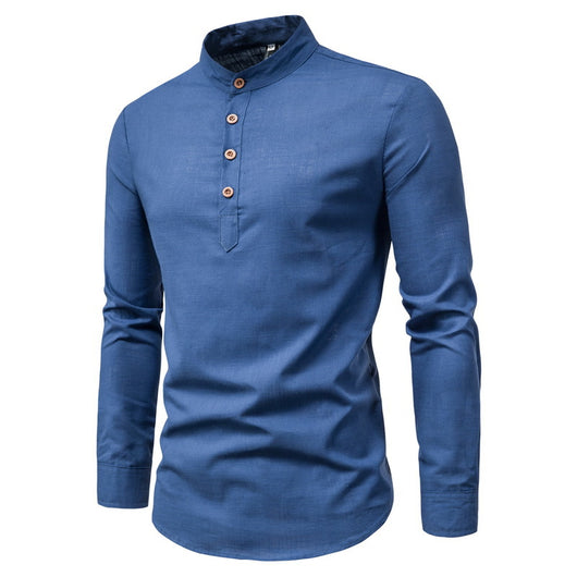 Camisa Manga Larga Cuello Mao Algodón y Lino Color Sólido - Image 5