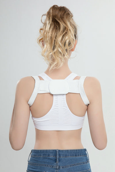 White posture correction belt with adjustable shoulder straps and a central rectangular pad for back support. - Image 17