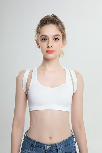 White posture correction belt with adjustable shoulder straps and a central rectangular pad for back support. - Image 20