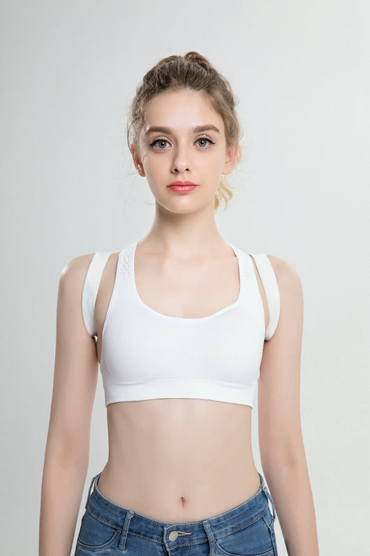 White posture correction belt with adjustable shoulder straps and a central rectangular pad for back support. - Image 20