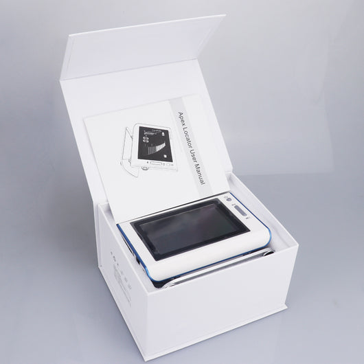 White electronic apex locator with a screen, power adapter, white cables, and various metal and black probes for endodontic root canal testing. - Image 8