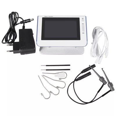 White electronic apex locator with a screen, power adapter, white cables, and various metal and black probes for endodontic root canal testing. - Image 7