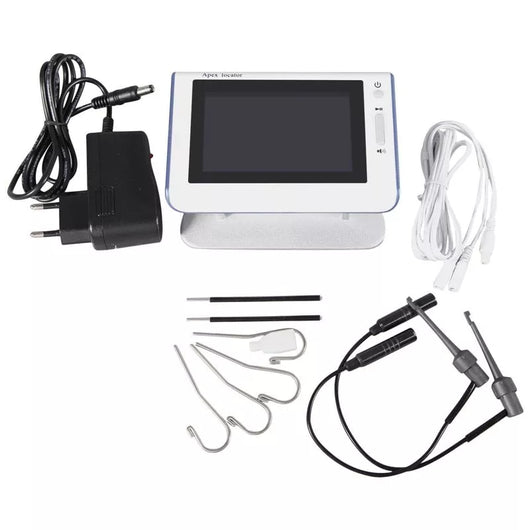 White electronic apex locator with a screen, power adapter, white cables, and various metal and black probes for endodontic root canal testing. - Image 7