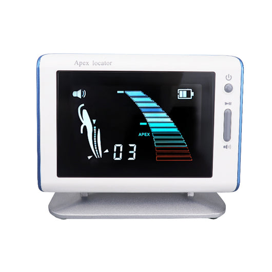 White electronic apex locator with a screen, power adapter, white cables, and various metal and black probes for endodontic root canal testing. - Image 4