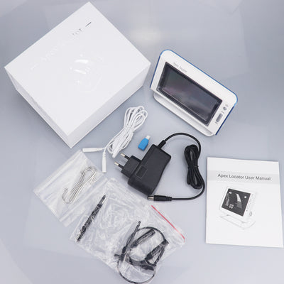 White electronic apex locator with a screen, power adapter, white cables, and various metal and black probes for endodontic root canal testing. - Image 5