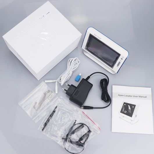 White electronic apex locator with a screen, power adapter, white cables, and various metal and black probes for endodontic root canal testing. - Image 5