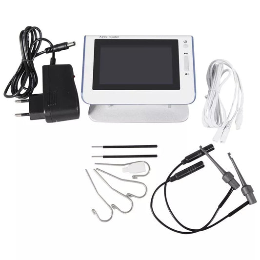 White electronic apex locator with a screen, power adapter, white cables, and various metal and black probes for endodontic root canal testing.