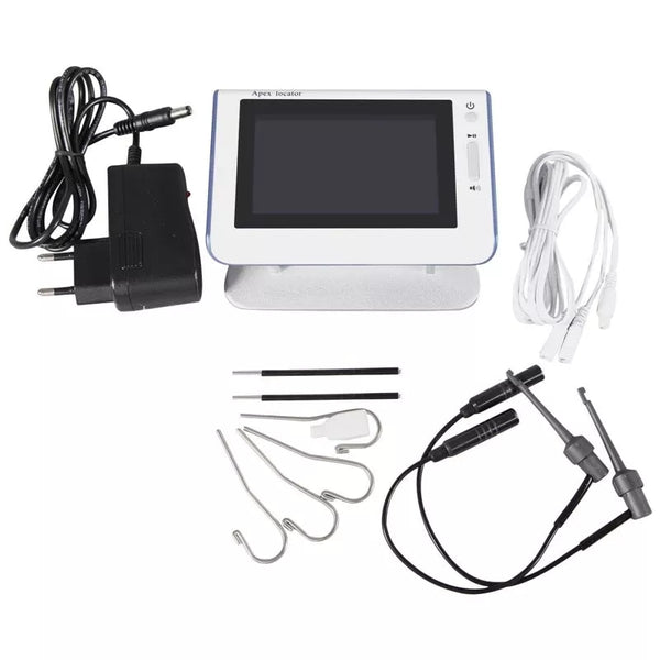 White electronic apex locator with a screen, power adapter, white cables, and various metal and black probes for endodontic root canal testing.