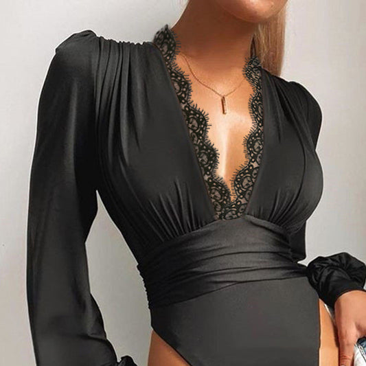 Vestido de Baño Enterizo con Escote V y Detalles de Encaje Europeo - Image 2