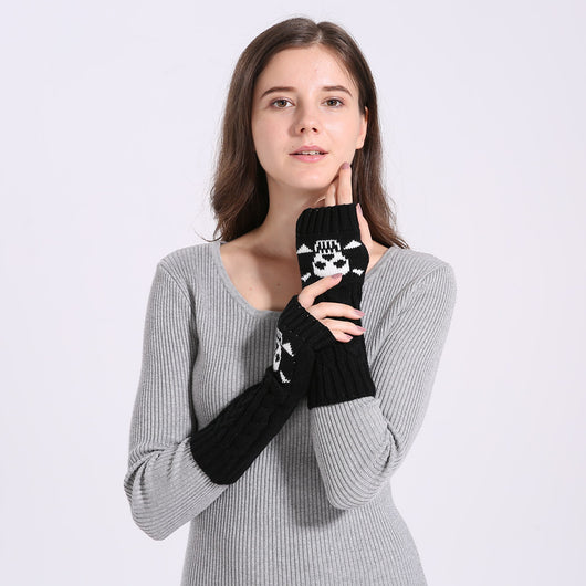 Guantes Cortos de Lana con Diseño Calavera Trenzada