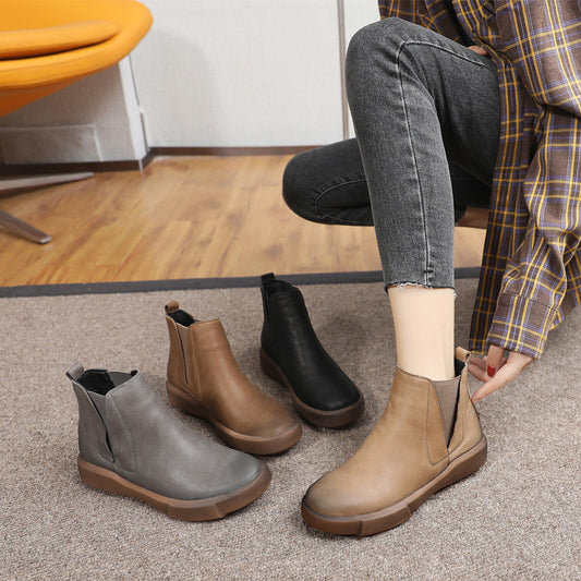Botas Cortas Retro de Piel de Res Talla Grande para Mujer