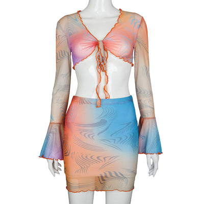 Conjunto de Falda Larga Estampada con Malla - Dos Piezas - Image 7