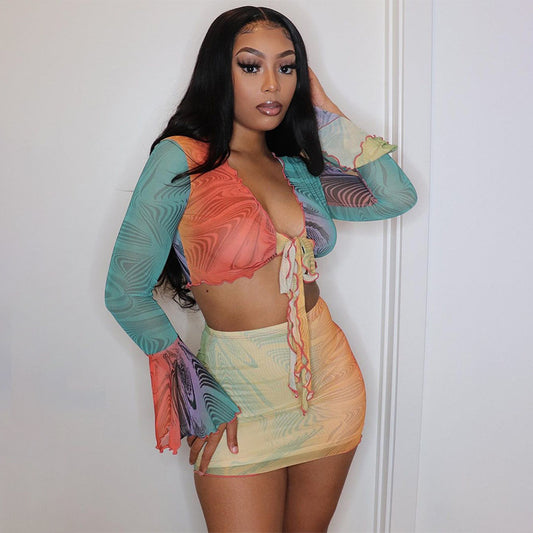 Conjunto de Falda Larga Estampada con Malla - Dos Piezas