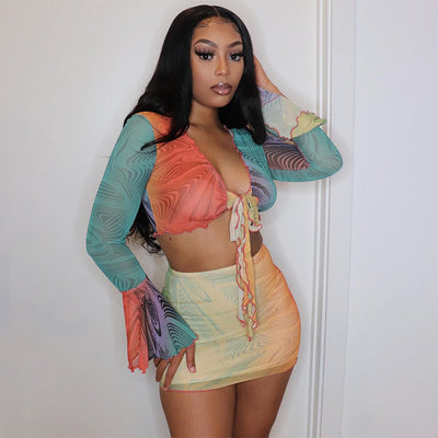 Conjunto de Falda Larga Estampada con Malla - Dos Piezas