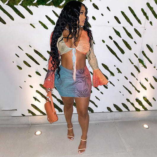 Conjunto de Falda Larga Estampada con Malla - Dos Piezas - Image 3