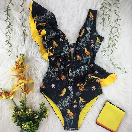Traje de Baño Entero Estampado con Hombro Único y Volantes