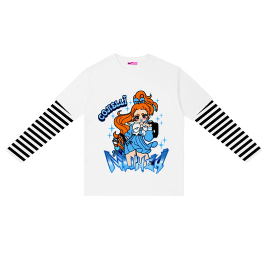 Camiseta Manga Larga Rayada Punk Efecto Doble Tela con Estampado Cartoon - Image 14
