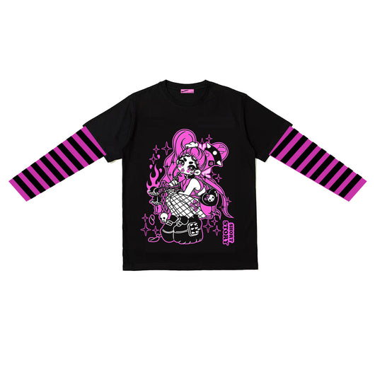 Camiseta Manga Larga Rayada Punk Efecto Doble Tela con Estampado Cartoon