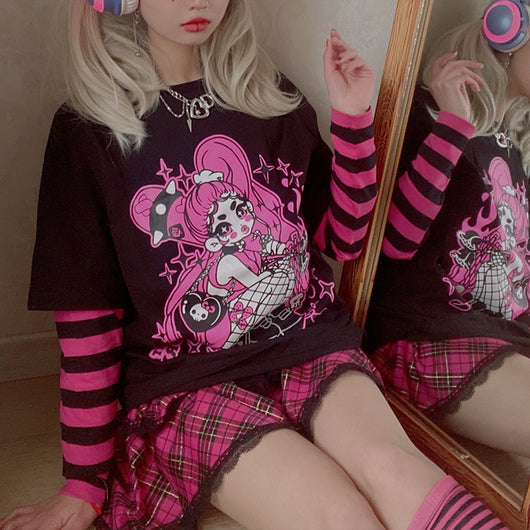 Camiseta Manga Larga Rayada Punk Efecto Doble Tela con Estampado Cartoon - Image 7