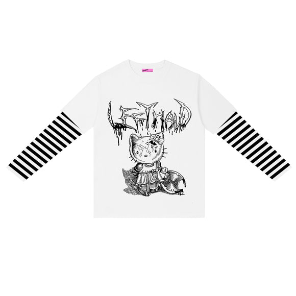 Camiseta Manga Larga Rayada Punk Efecto Doble Tela con Estampado Cartoon