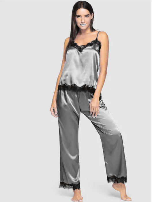 Pijama Largo de Seda Simulada para Verano - Conjunto de Dos Piezas - Image 8