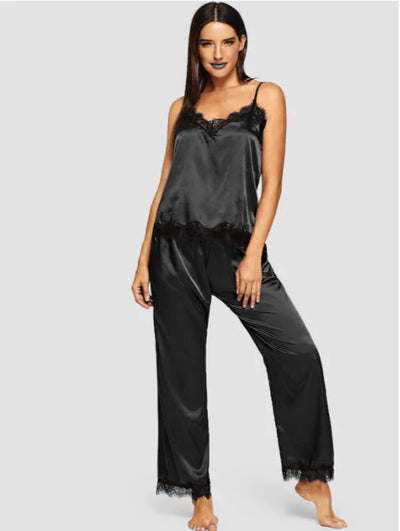 Pijama Largo de Seda Simulada para Verano - Conjunto de Dos Piezas - Image 3