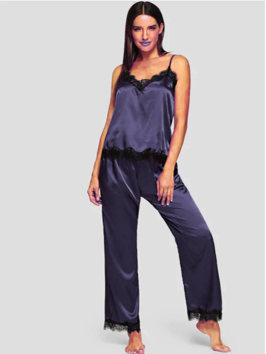 Pijama Largo de Seda Simulada para Verano - Conjunto de Dos Piezas - Image 5