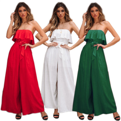 Jumpsuit Elegante Tubo Cintura Alta Pantalón Ancho con Cinturón