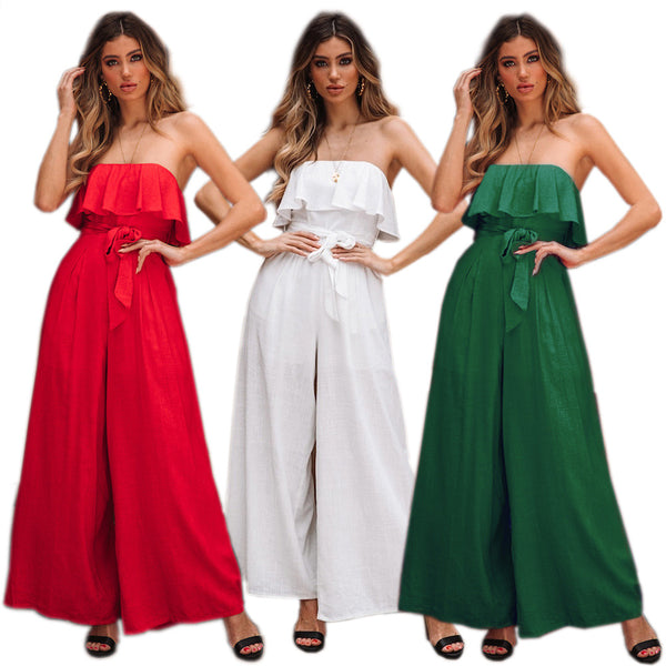 Jumpsuit Elegante Tubo Cintura Alta Pantalón Ancho con Cinturón