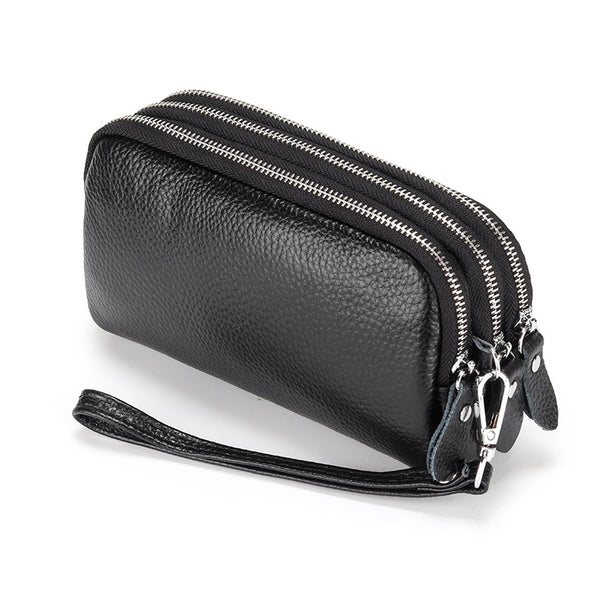Billetera Clutch de Cuero Genuino con Muñequera y Compartimentos para Celular