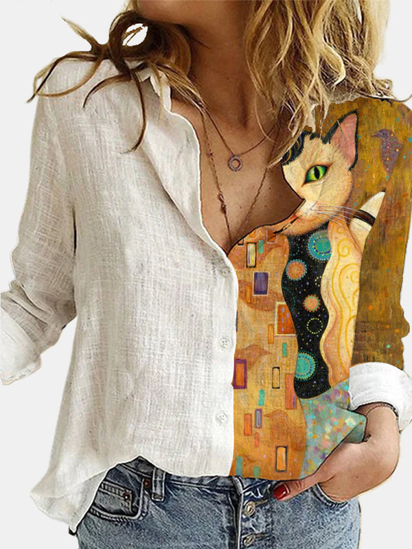 Camisa Suelta con Estampado de Gatos de Manga Larga