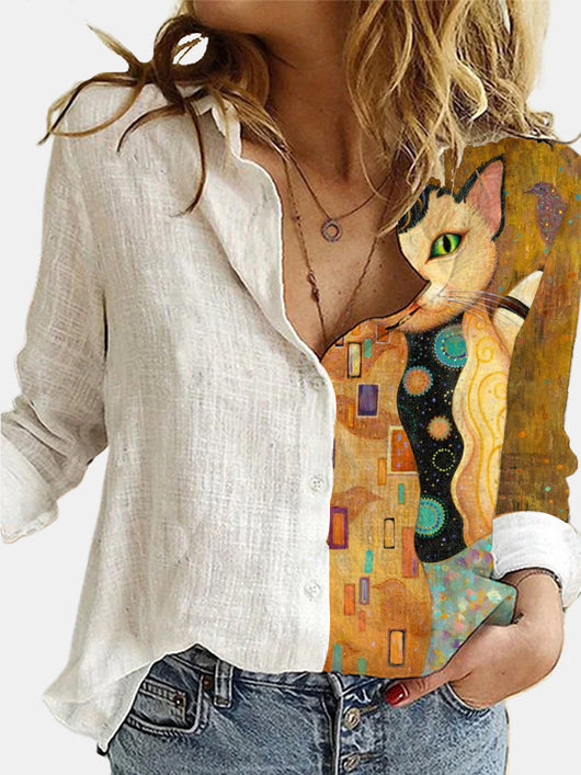 Camisa Suelta con Estampado de Gatos de Manga Larga