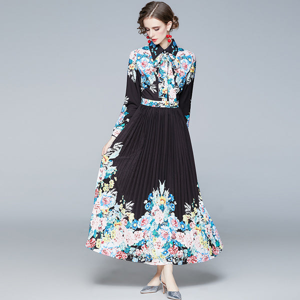 Vestido Camisero Plisado Manga Larga con Solapa