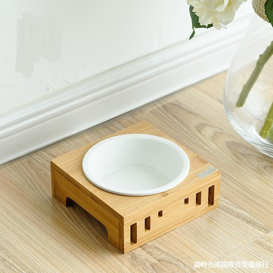 Comedero para Gatos de Cerámica con Base de Madera Maciza