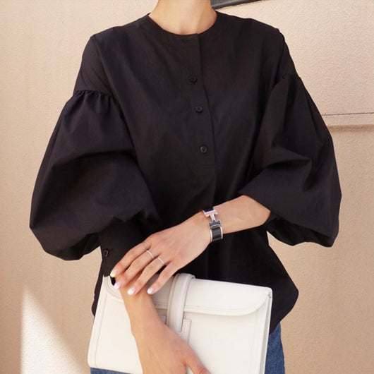 Blusa Blanca Suelta Casual con Mangas Linterna - Corte Medio Versátil - Image 8