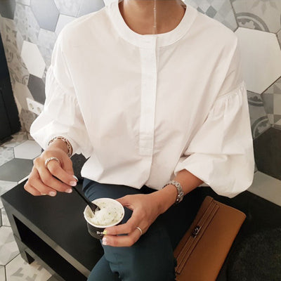Blusa Blanca Suelta Casual con Mangas Linterna - Corte Medio Versátil - Image 7