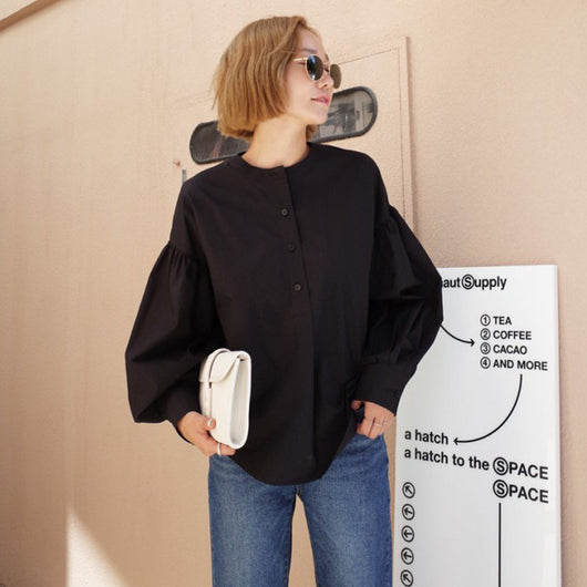 Blusa Blanca Suelta Casual con Mangas Linterna - Corte Medio Versátil - Image 4