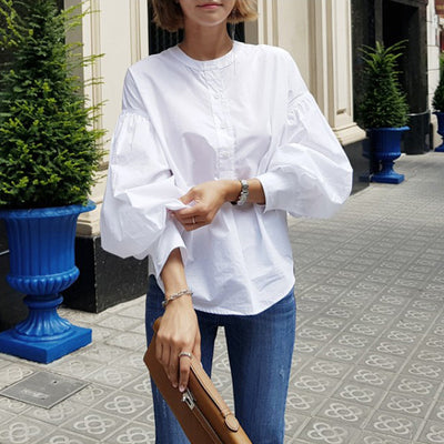 Blusa Blanca Suelta Casual con Mangas Linterna - Corte Medio Versátil