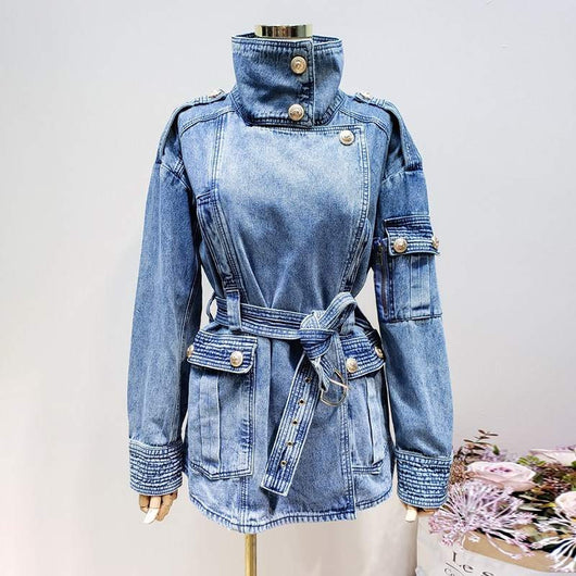 Chaqueta Vaquera Gruesa con Botones Dorados y Cuello Alto - Image 10