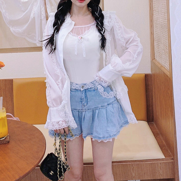 Blusa Sirena Cristal con Falda de Encaje Doble