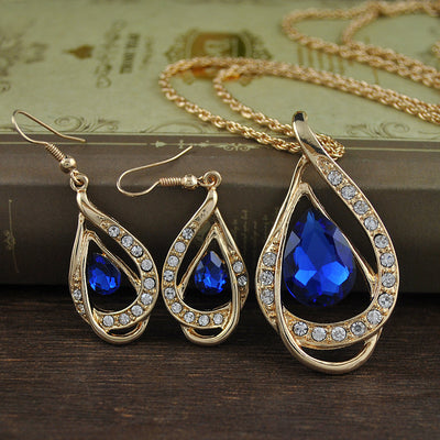 Juego de Collar y Aretes de Cristal con Doble Gota